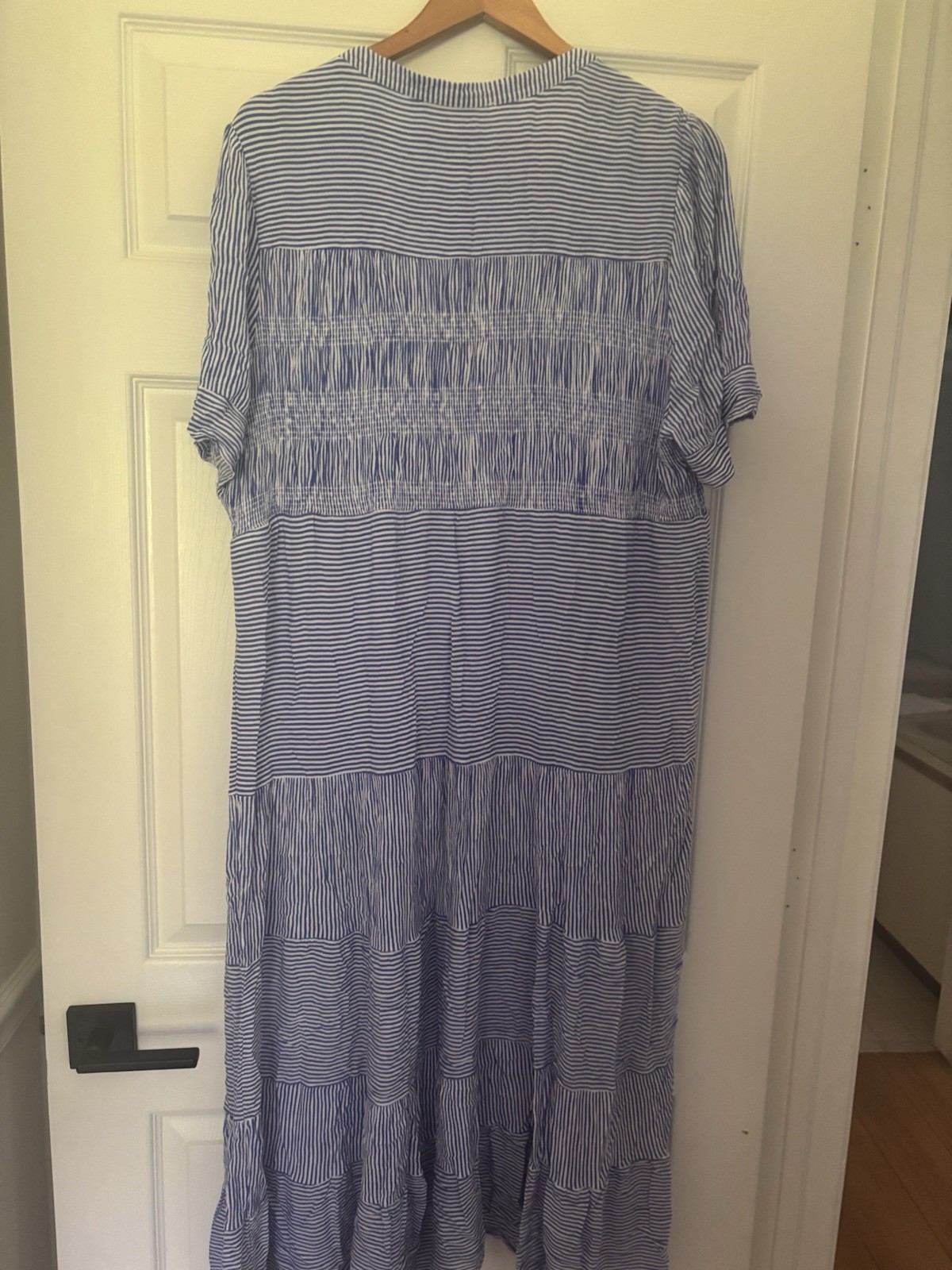 CACTUS + PEARL Blue White Striped Cotton Maxi Dress XXL Smocked Tiered V-Neck