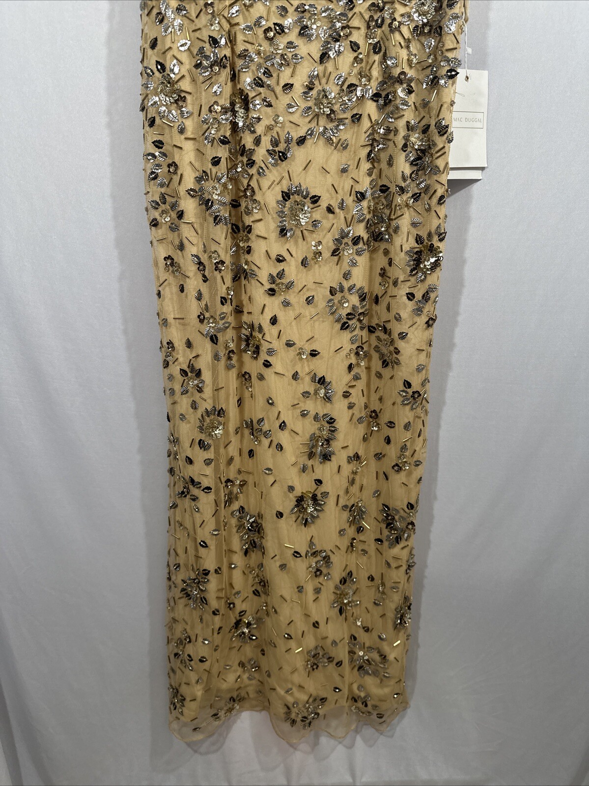 NWT $598 Mac Duggal [ 14 ] 5477 Floral Embellished Scoop Neck Gown Gold #Q945