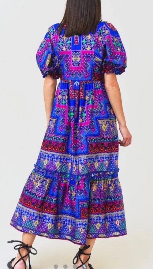 Hunter Bell Palmer Dress Puff Sleeve Midi Multi Talavera Patchwork Sz Small EUC