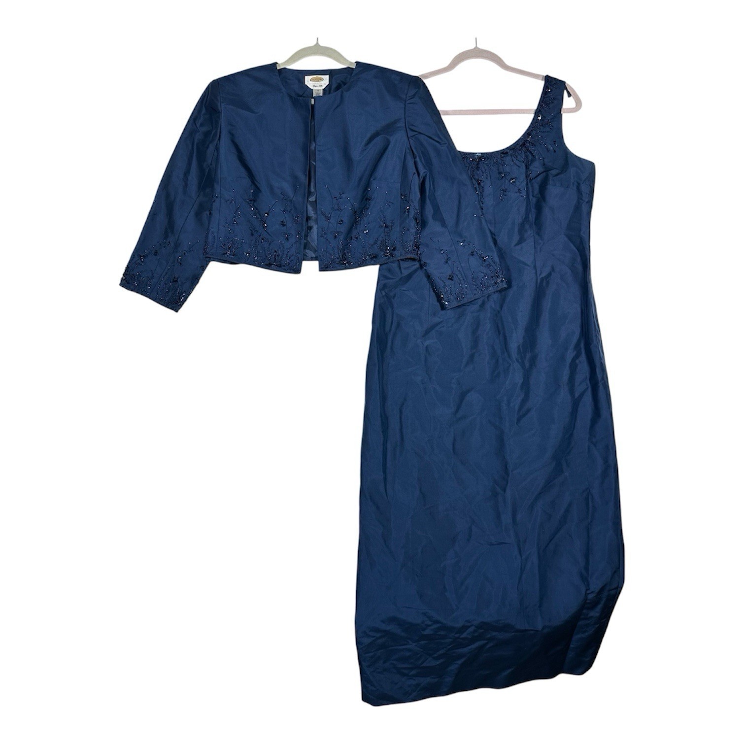 Talbots Silk Dress Set 14 Blue Beaded Evening Gown Matching Bolero Jacket 2pc