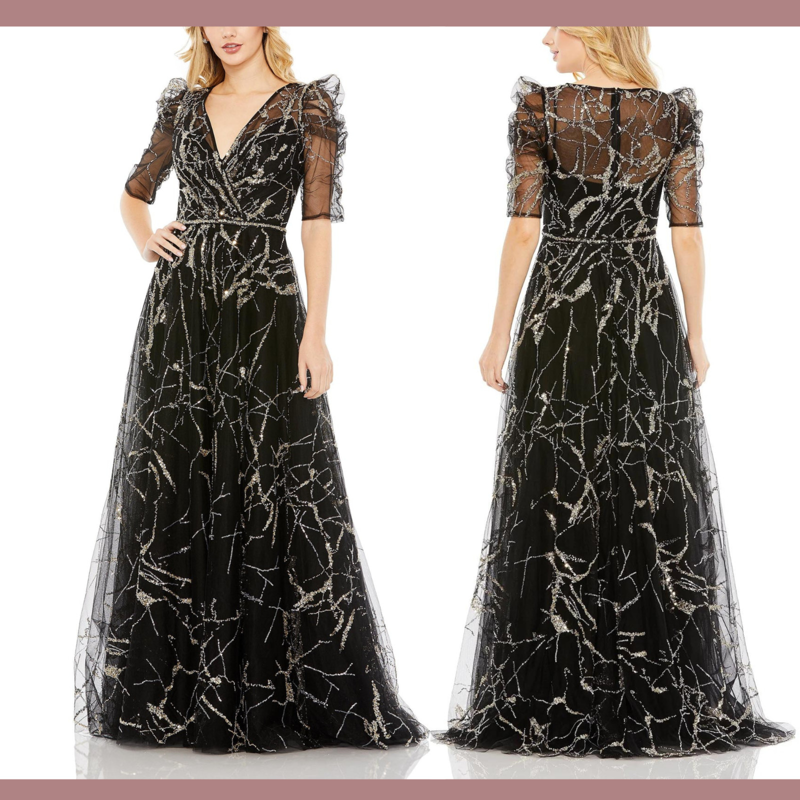 NWT Mac Duggal [ 8 ] 20428 Embellished Gathered Puff Sleeve Wrap Gown Blac J1484