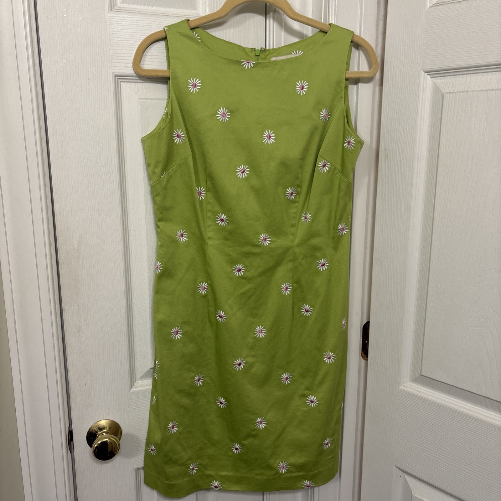 VTG Amanda Smith Cotton Dress Sleeveless Sz 10 Green Embroidered Daisies Y2K 90s