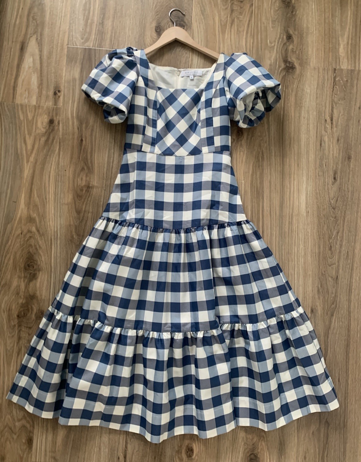 Hunter Bell Blue Check Cassidy Dress Puff Sleeve Tiered Midi Women’s Size 6