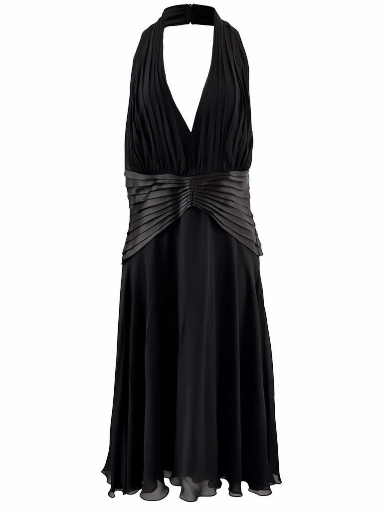 Vintage Tadashi Dress Womens 10 Black Silk Halter Pleated Y2K Gown Whimsigoth