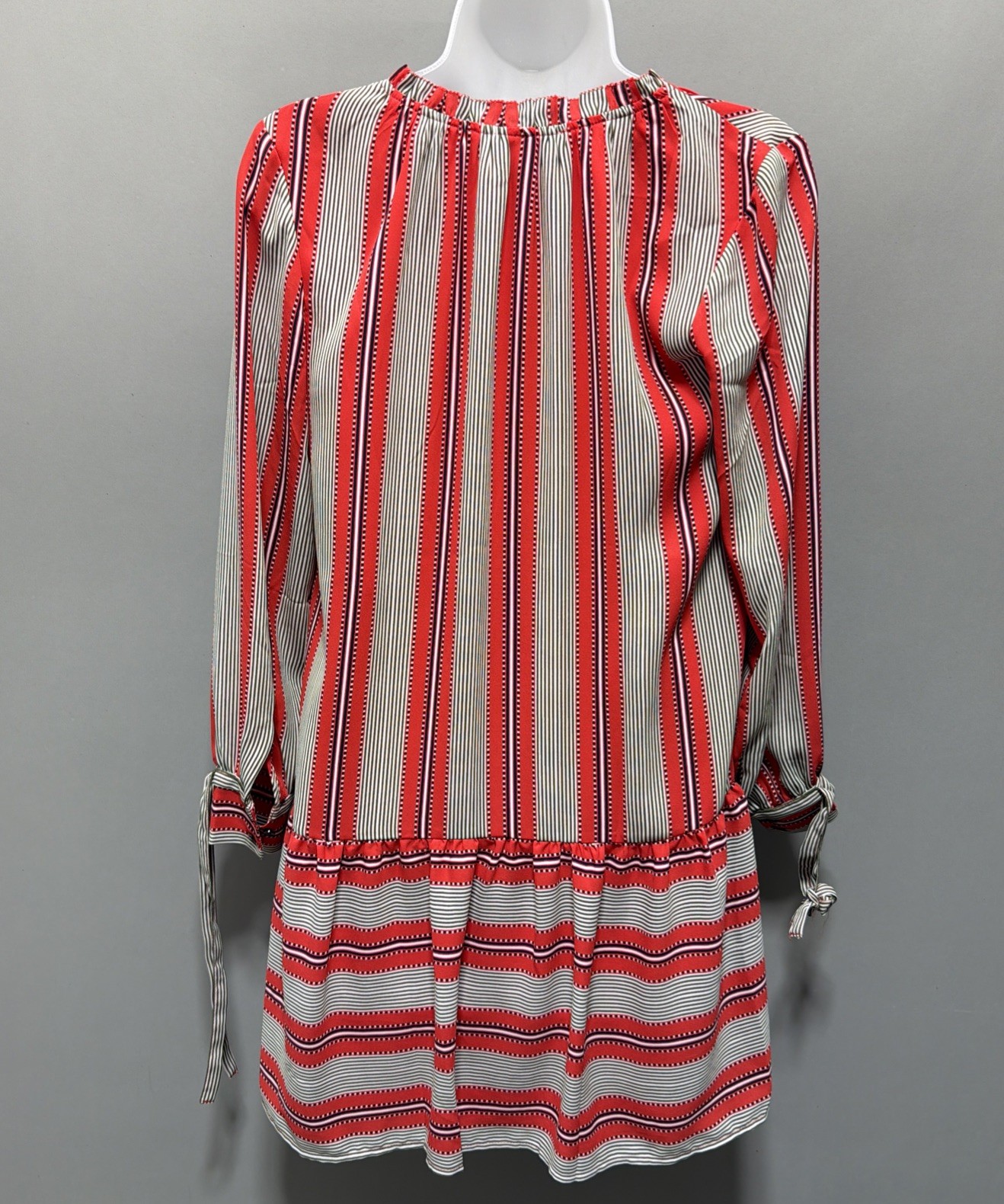 Ann Taylor Loft Red Striped Flounce Hem Shift Shirt Dress Sz XS Petite Tie Cuff