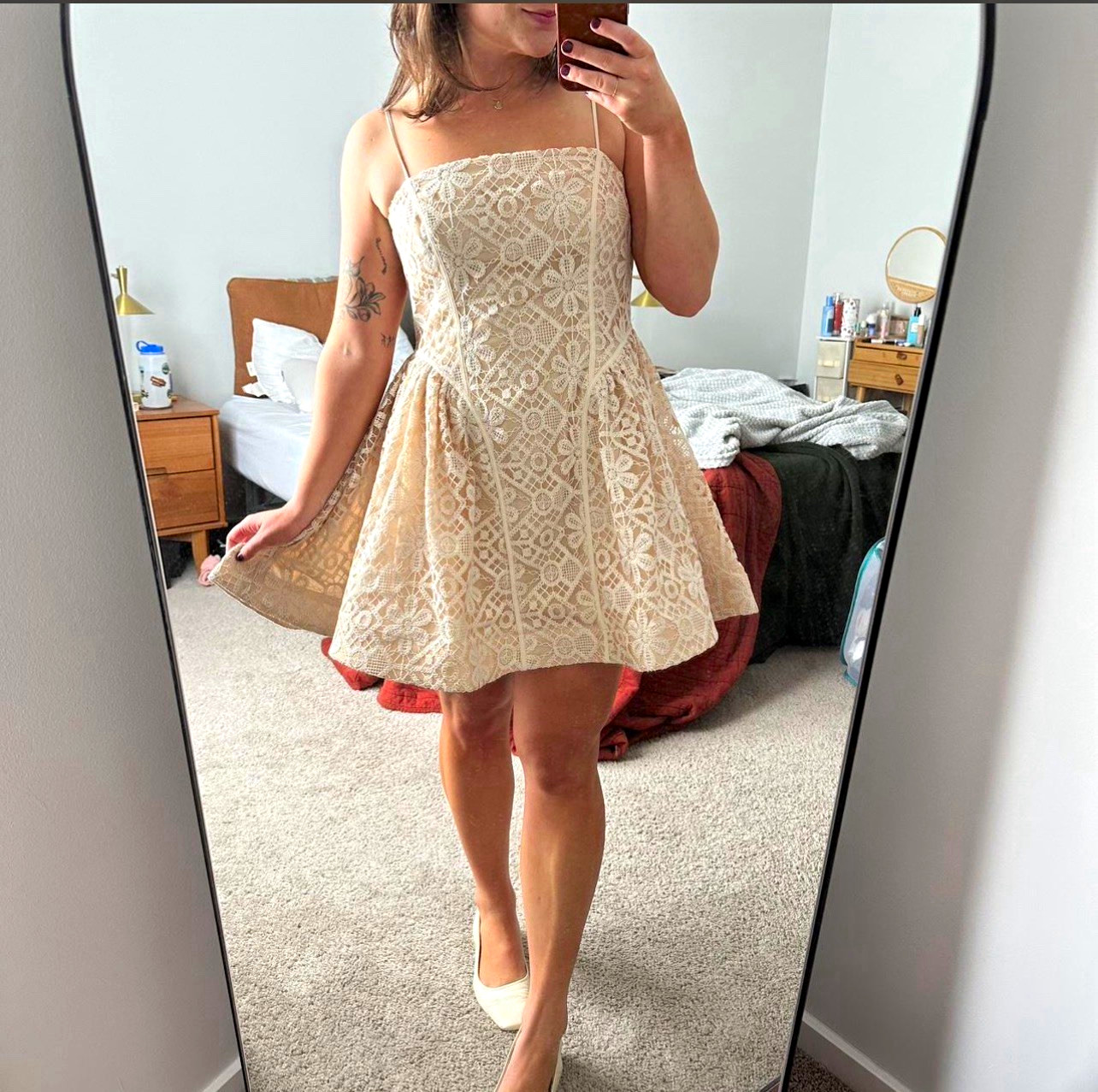 Anthropologie Ivory Floral Lace Fit & Flare Spaghetti Strap Dress US 12