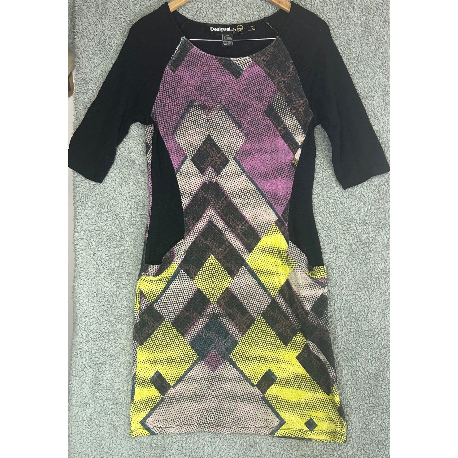 Desigual Geometric Print Knit Dress Medium M Purple Yellow Artsy Eclectic Funky