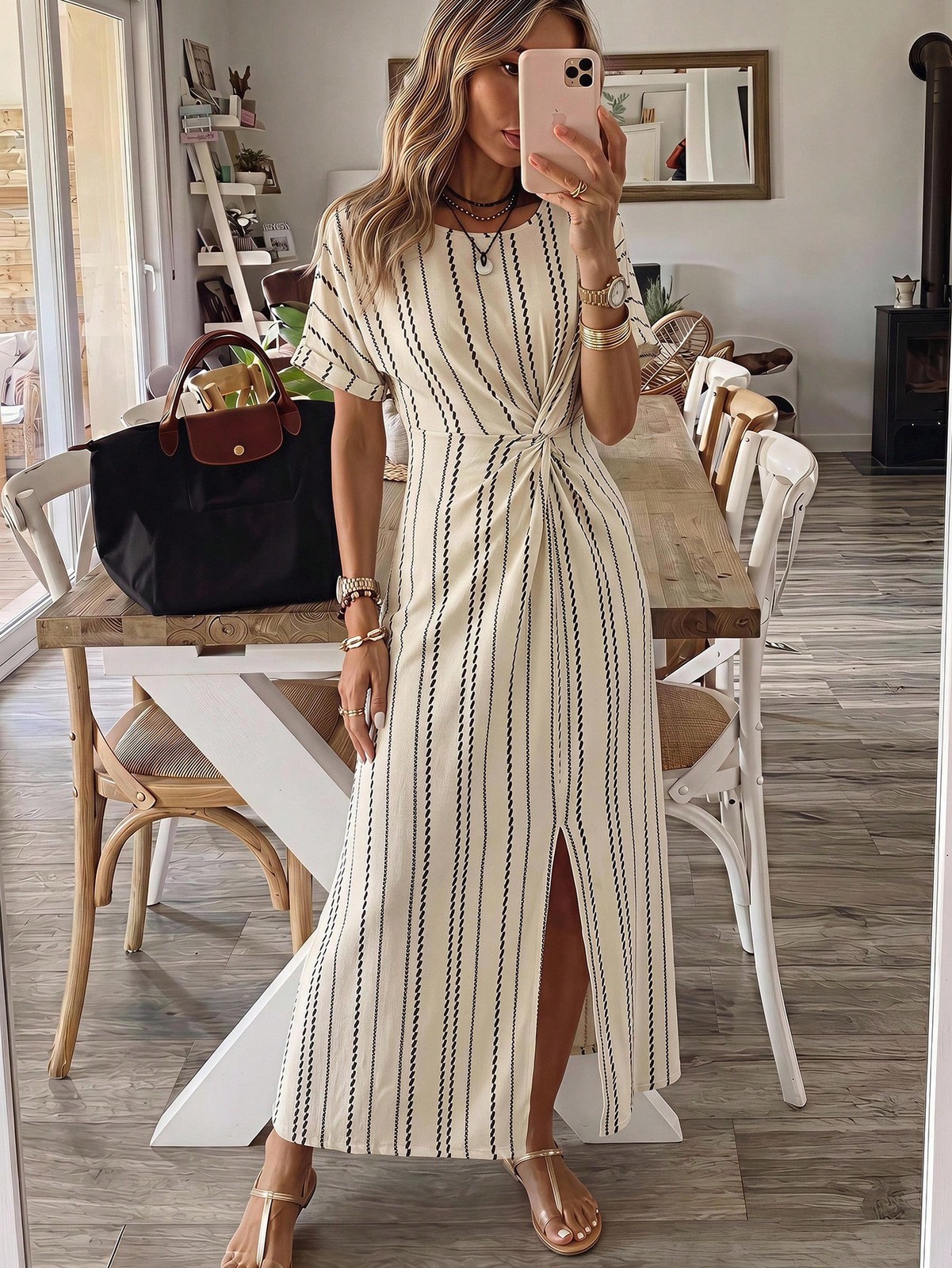 Ladies Apricot Crew Neck Long Dress