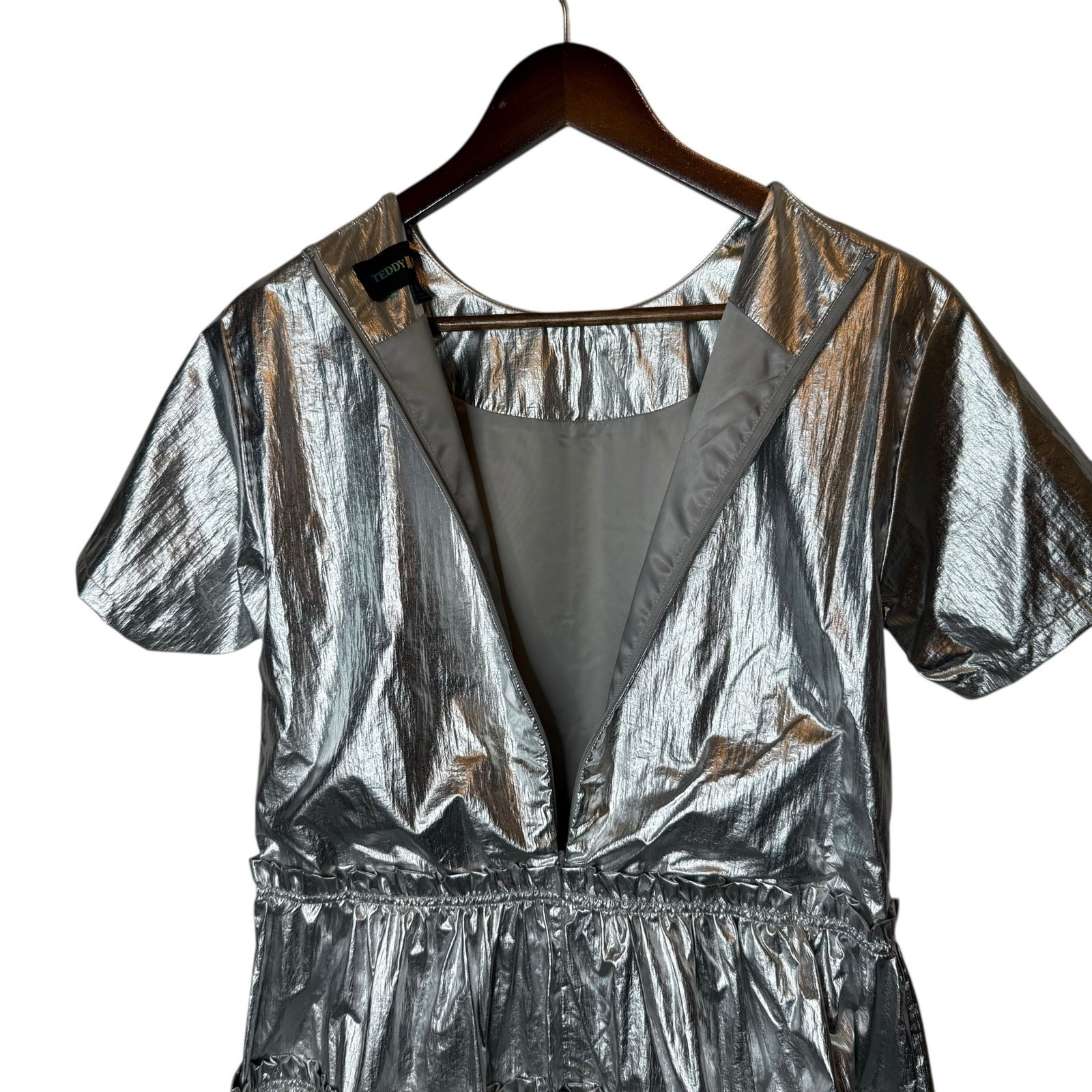 Teddy Fresh Silver Linings Prom Dress Metallic Foil Tiered Mini size Small