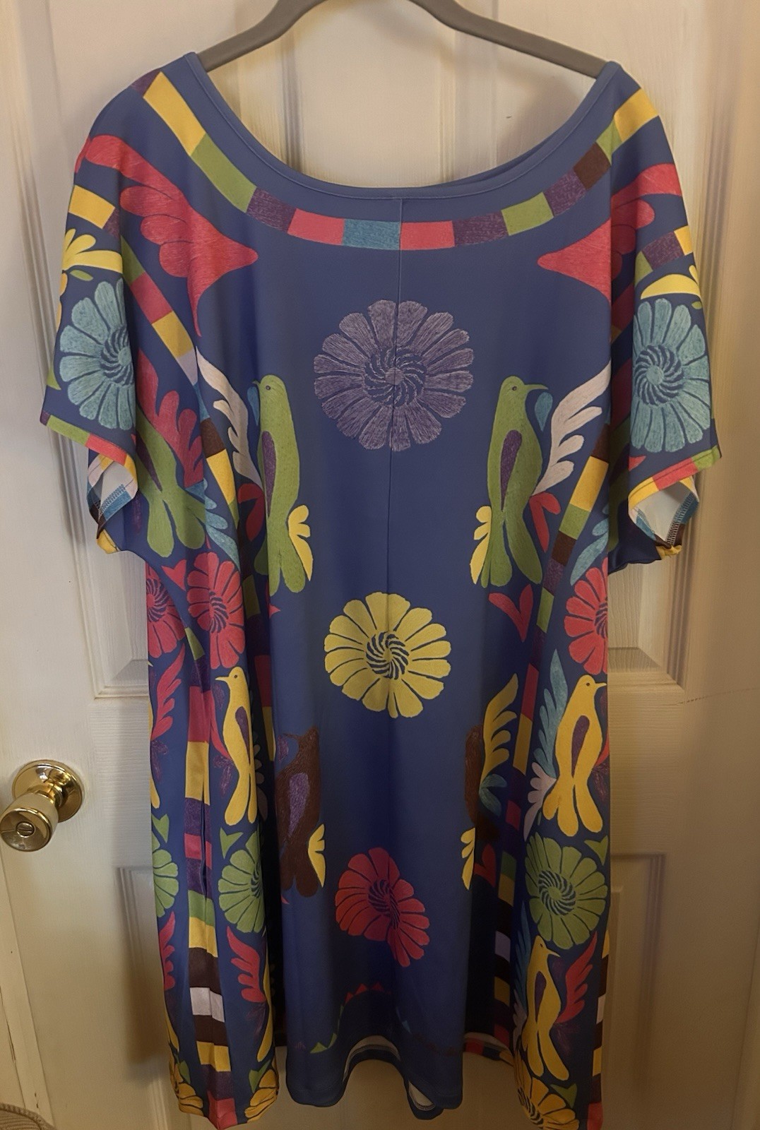 Women’s Blue Multicolor Bird Floral Print Scoop Neck Cap Sleeve Shift Dress