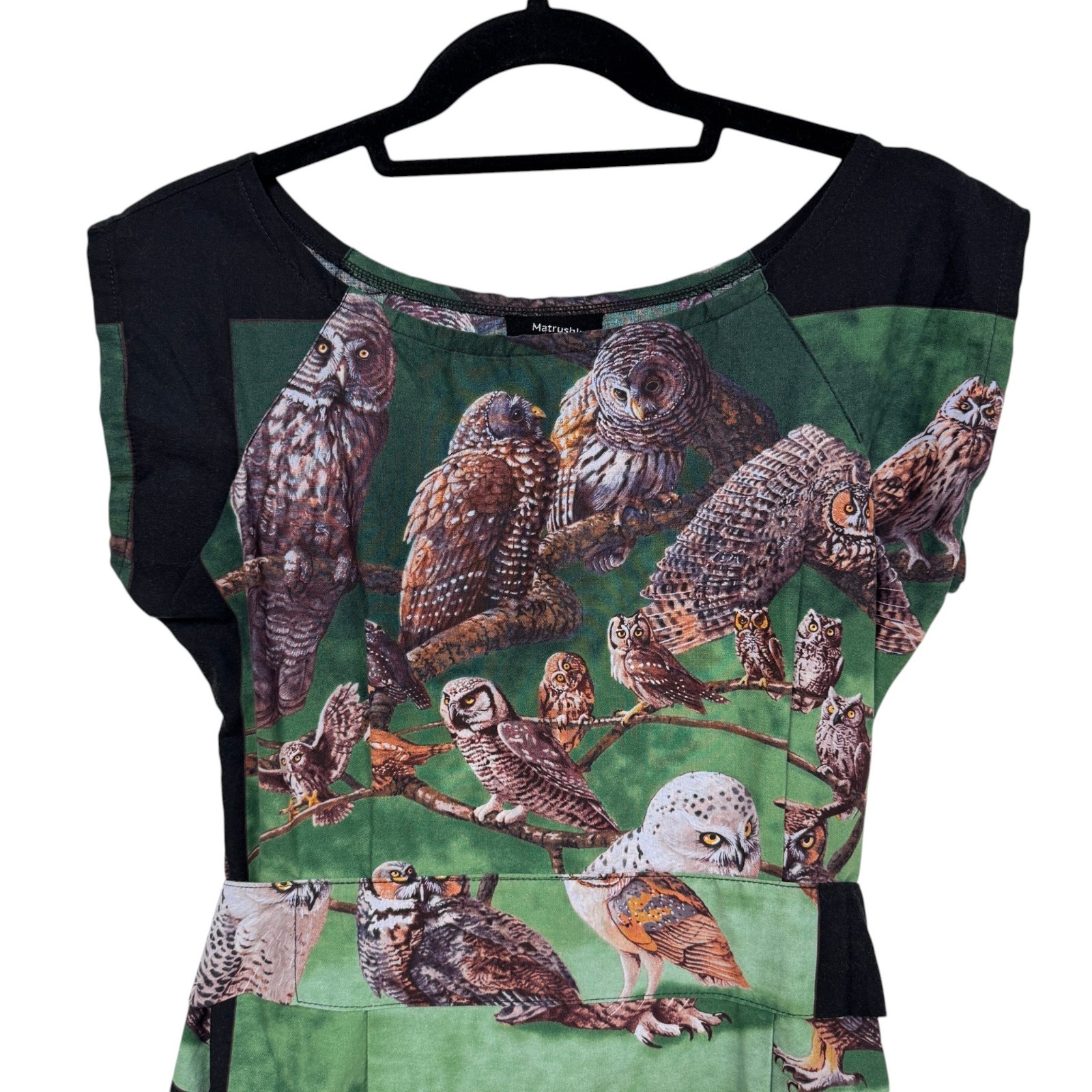Matrushka Construction Shift Dress, Size Small, Owl Print Belted Handmade Unique