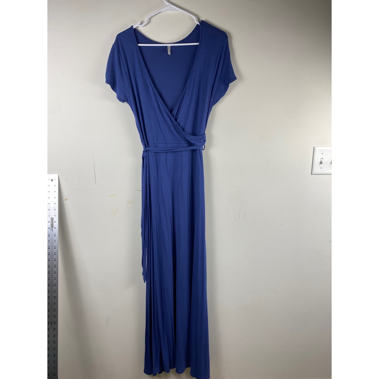 Mother Bee Maternity Blue Wrap Maxi Dress Short Sleeve V-Neck Gown Size Large