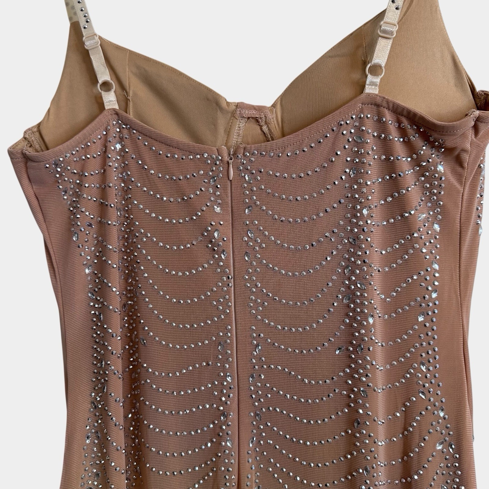 Dress Mermaid V-Neck Mesh-Inset Glitter-Print Gown Beige Size S-M Stretch Straps