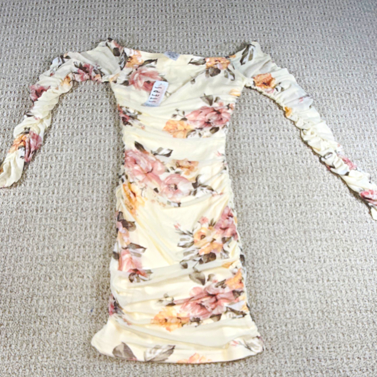 Steps New York Ivory Floral Mesh Ruched Off-Shoulder Bodycon Midi Dress S