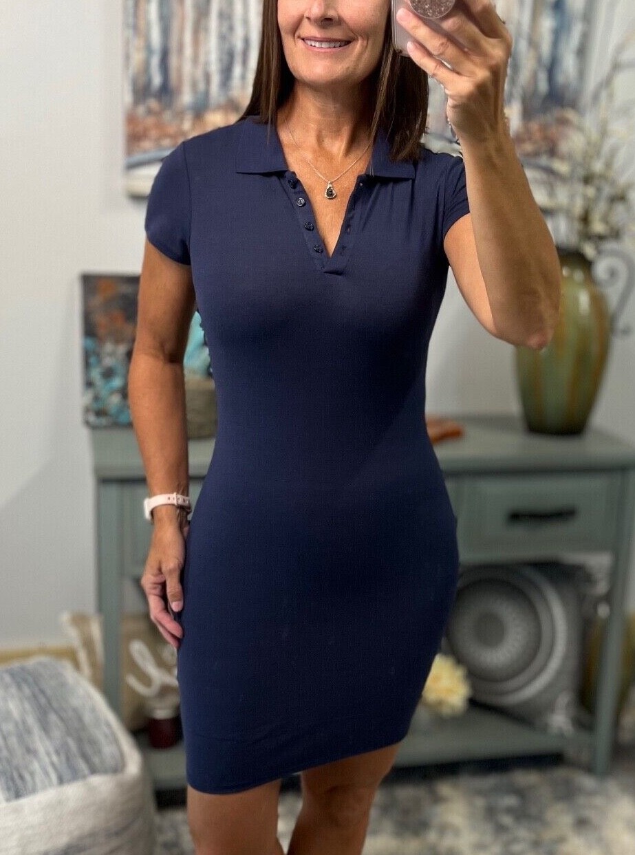 Sexy Collared Henley Pique Polo V Neck Stretch Short Sleeve Bodycon Dress Blue