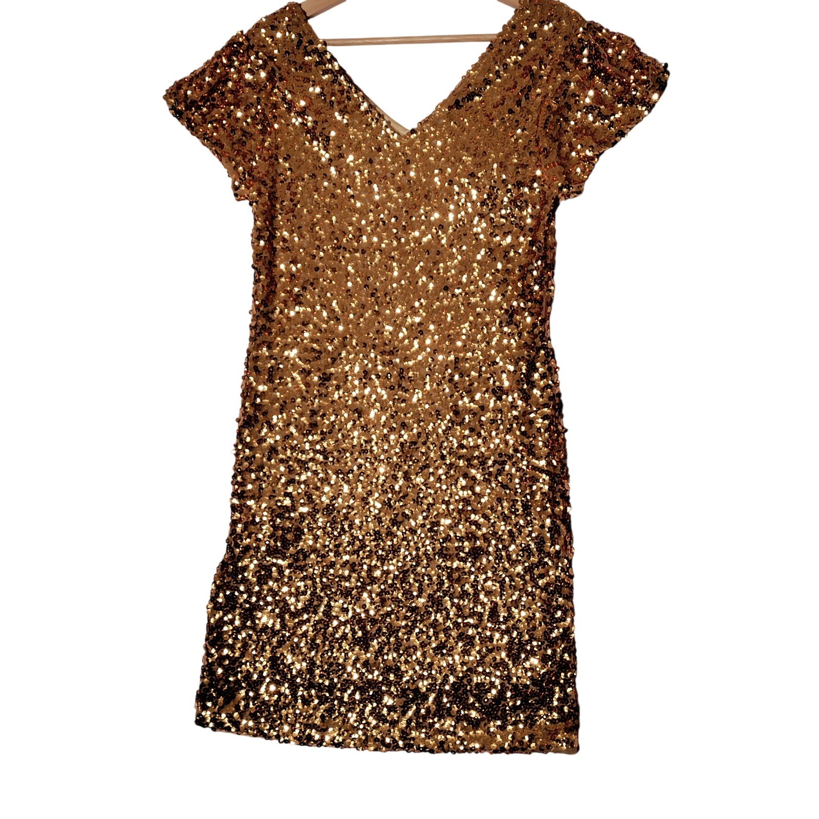Anna-Kaci Gold Sequin V-Neck Dress Short Sleeve Sparkle & Shine Sz M – Imperfect