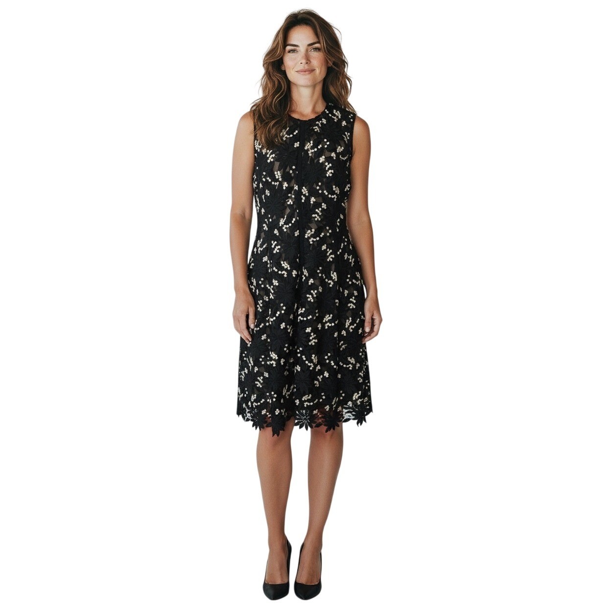Lela Rose Black Lace Floral Midi Dress Classic Cocktail Holiday Romantic 12