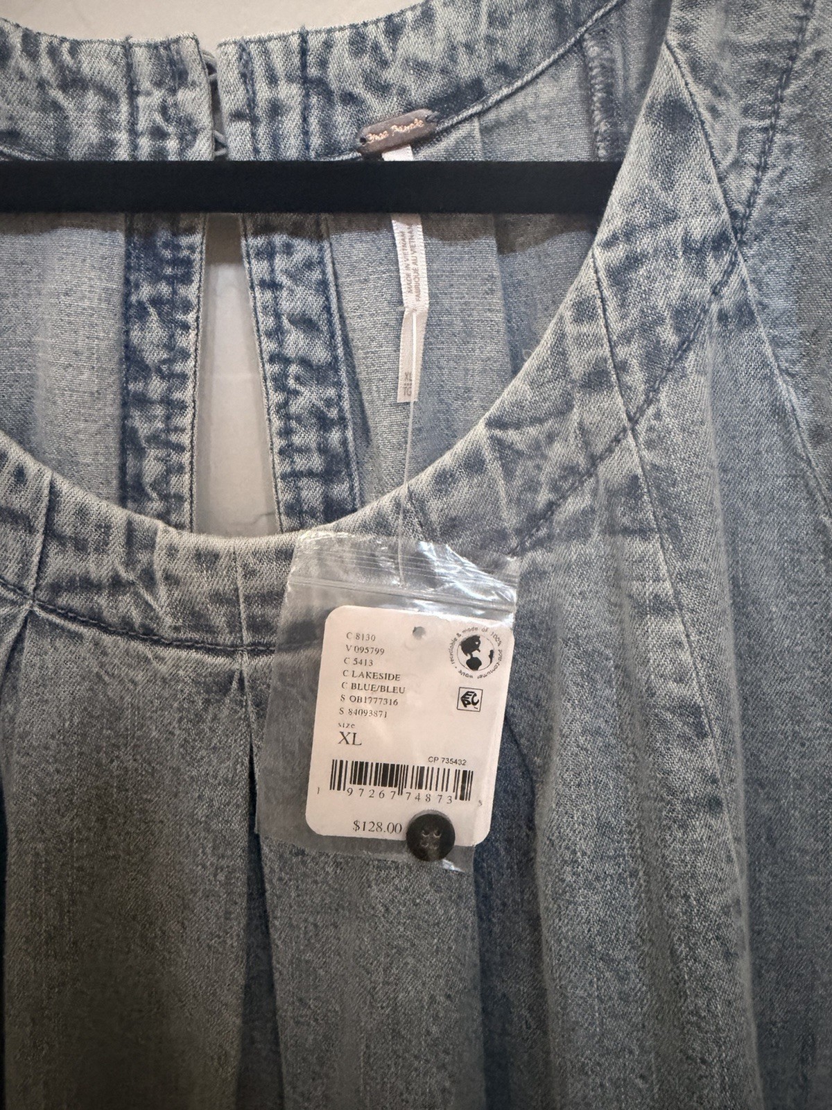 Free People Blue Denim Shift Dress Round Neck Short Sleeve Pockets XL