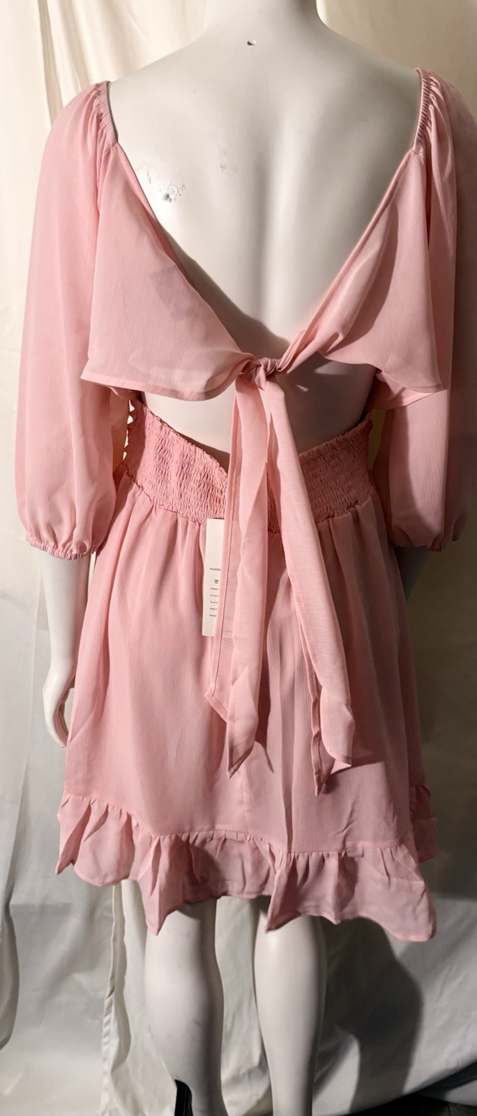 Dokotoo Pink Square Neck Smocked Ruffle Mini Dress Tie Back Puff 3/4 Sleeve M