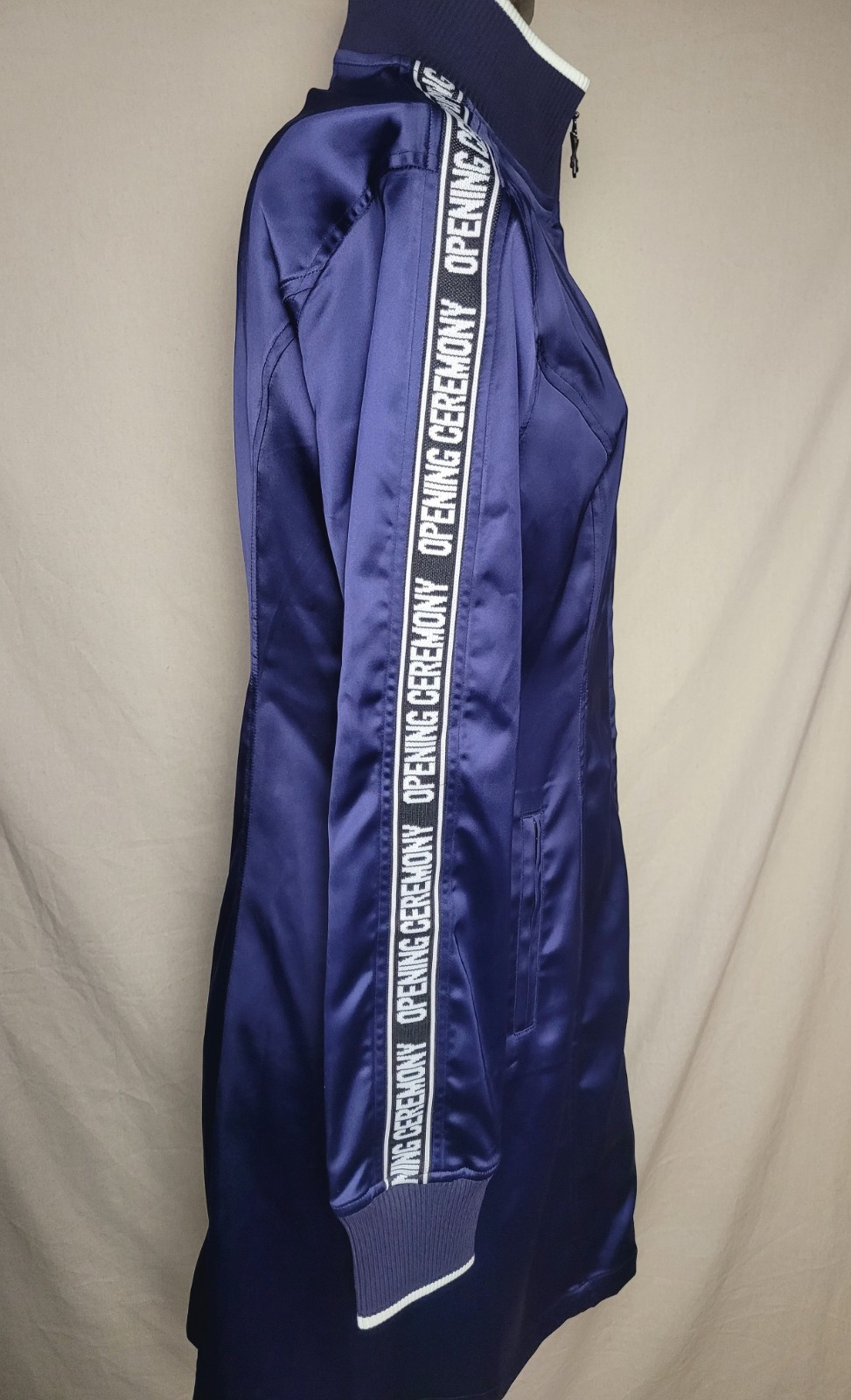 Opening Ceremony Navy Blue Track Dress Mini Satin Logo Size Medium $350 Retail