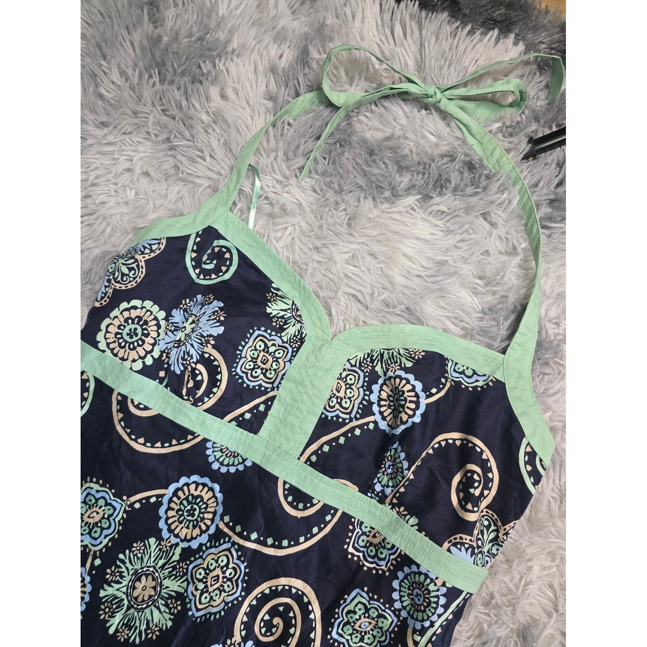 LOFT Y2K Navy Halter Floral Sundress with Mint Trim, Size 10