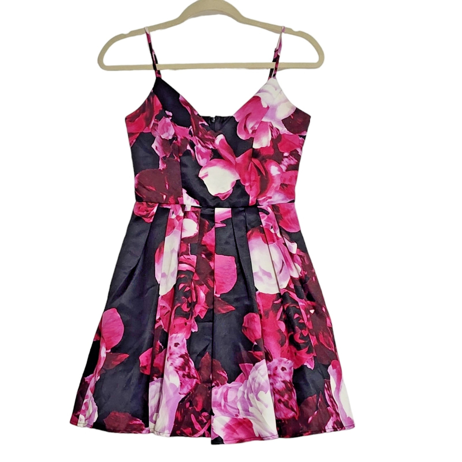 Jump Apparel mini dress black & pink rose print pleated front 3/4 prom party 4
