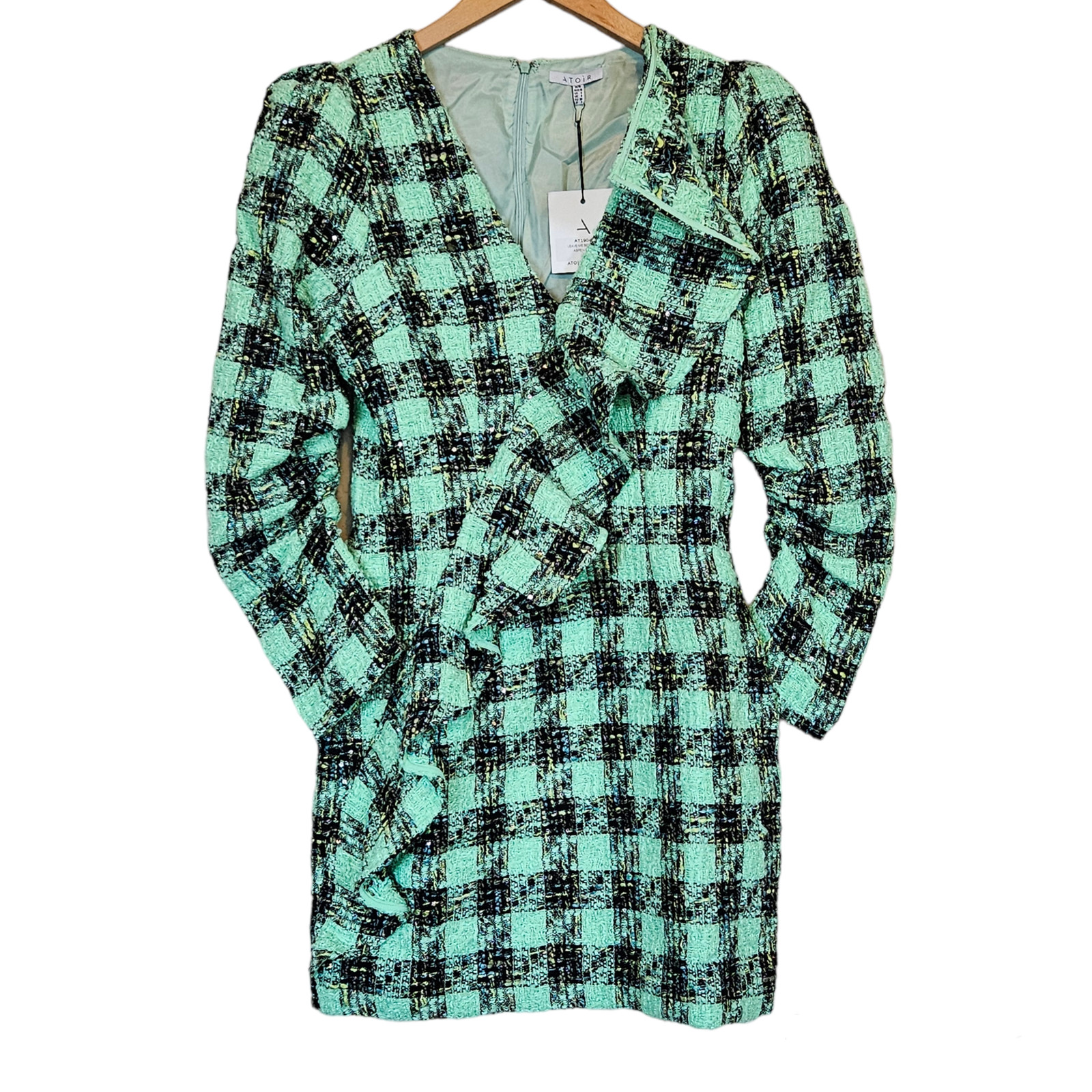 Atoir Leave Me Be Plaid Tweed Ruffled Boucle Dress in Aspen Green Women’s 6