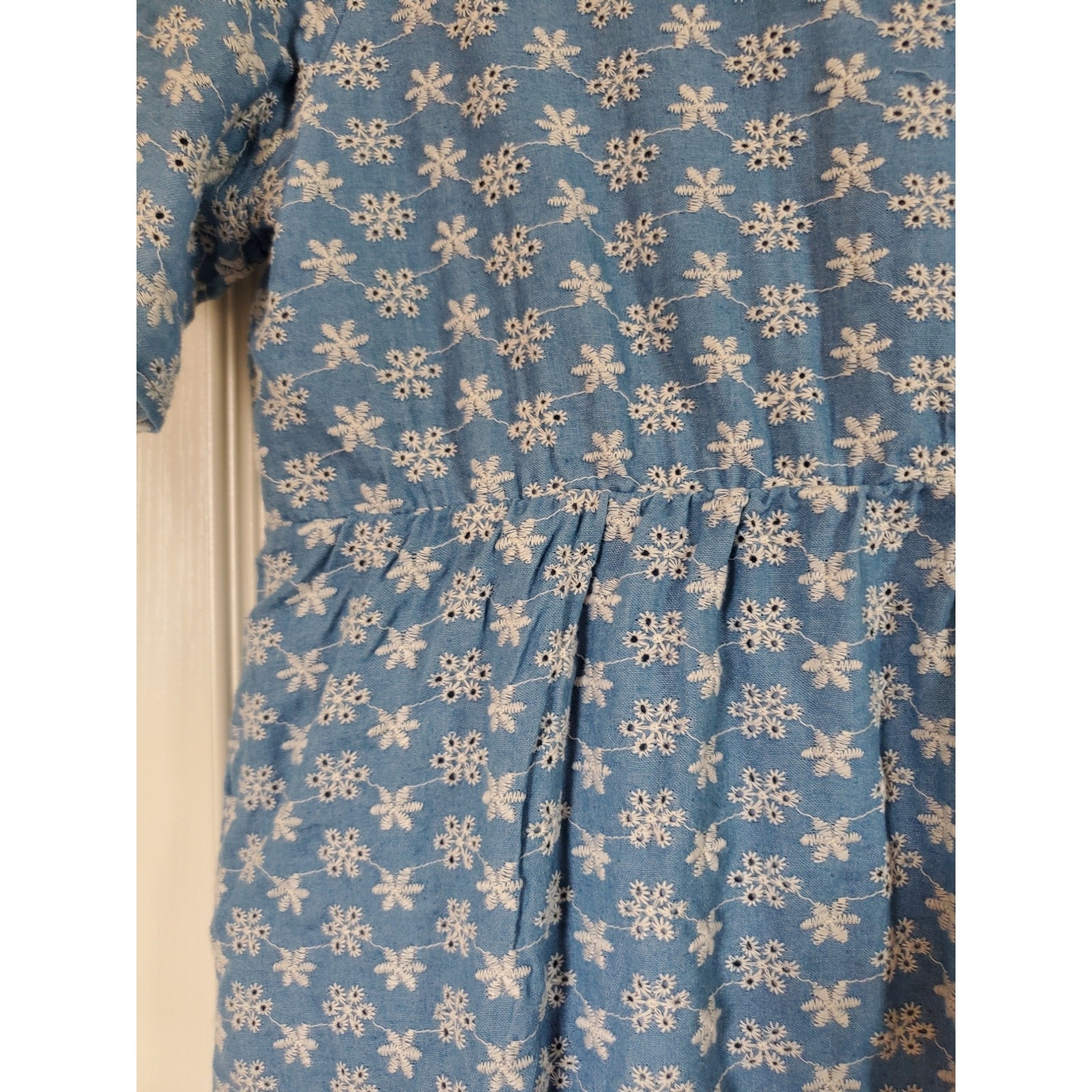 Polagram Cottagecore Blue White Embroidered Floral Shift Mini Dress, Size Medium