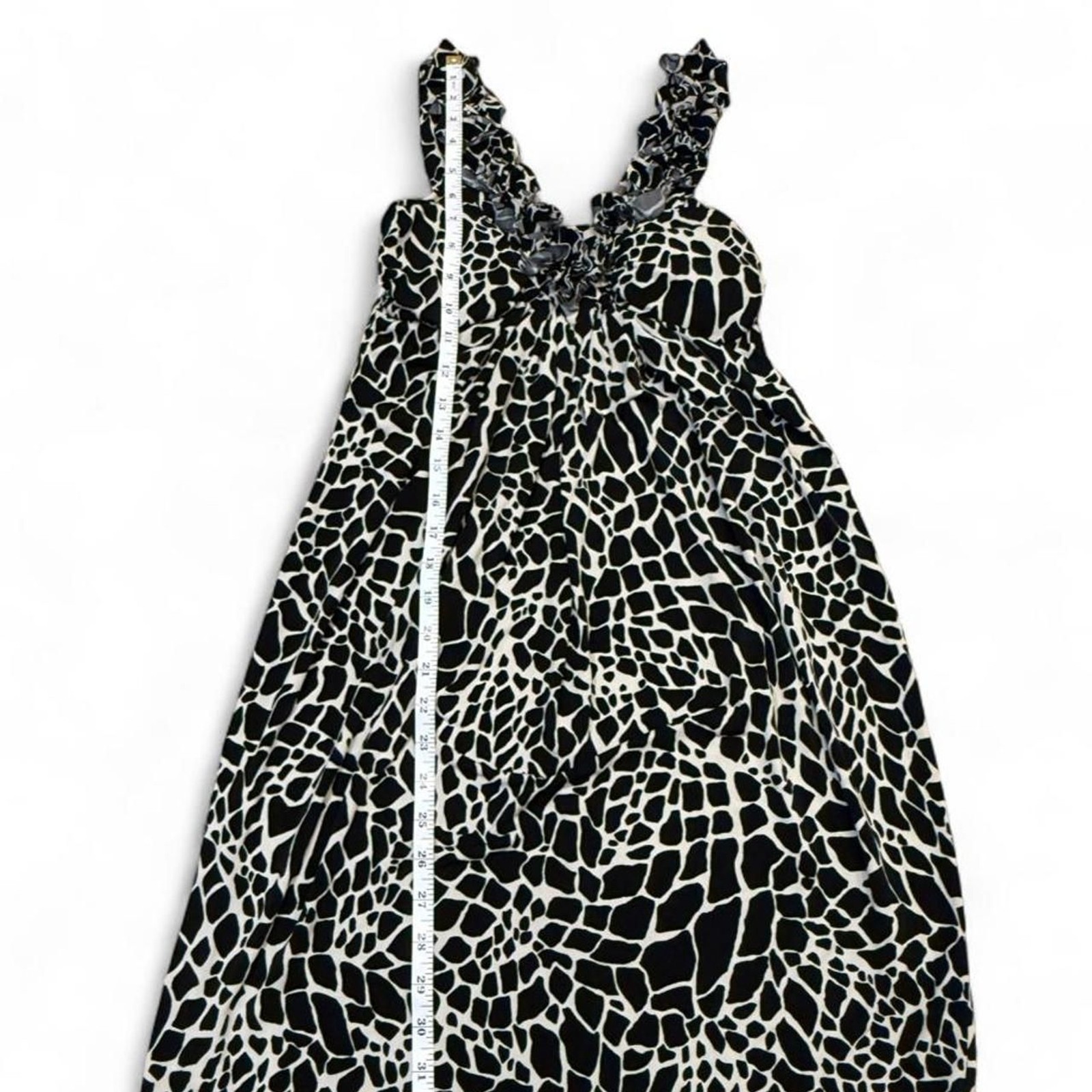 En Focus Studio Black White Animal Print Sheath Dress — Ruffle Neckline