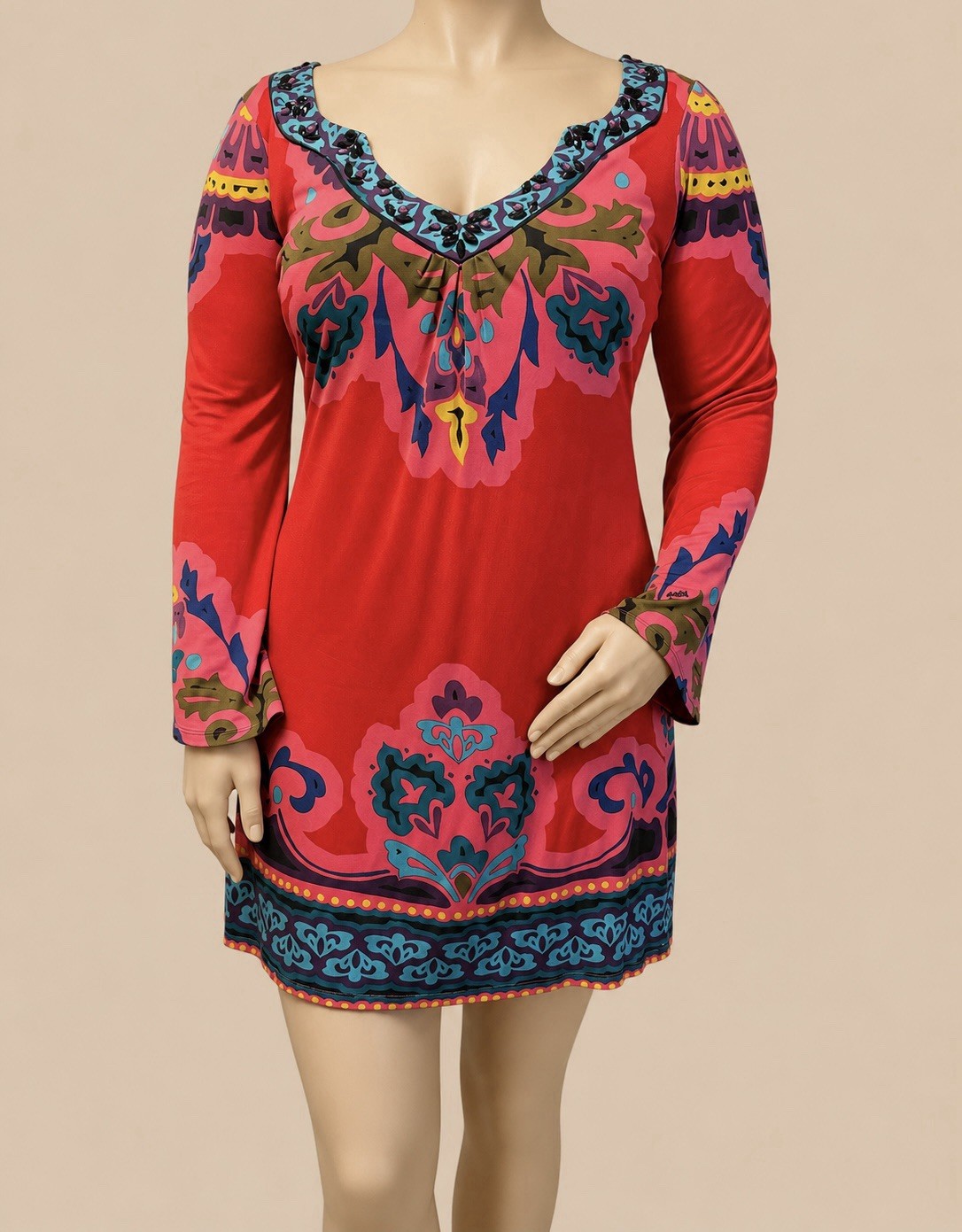 Hale Bob M Red Multicolor Boho Tunic Dress Embellished V Neck Mini