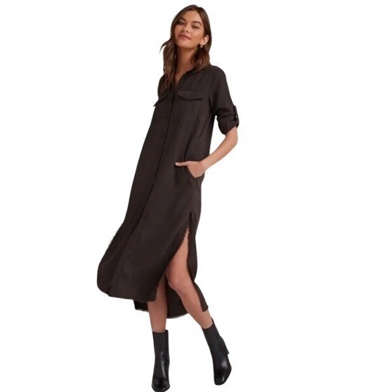 Cloth & Stone Tencel Long Roll-Tab Sleeve Button Down Collar Maxi Dress Sz L