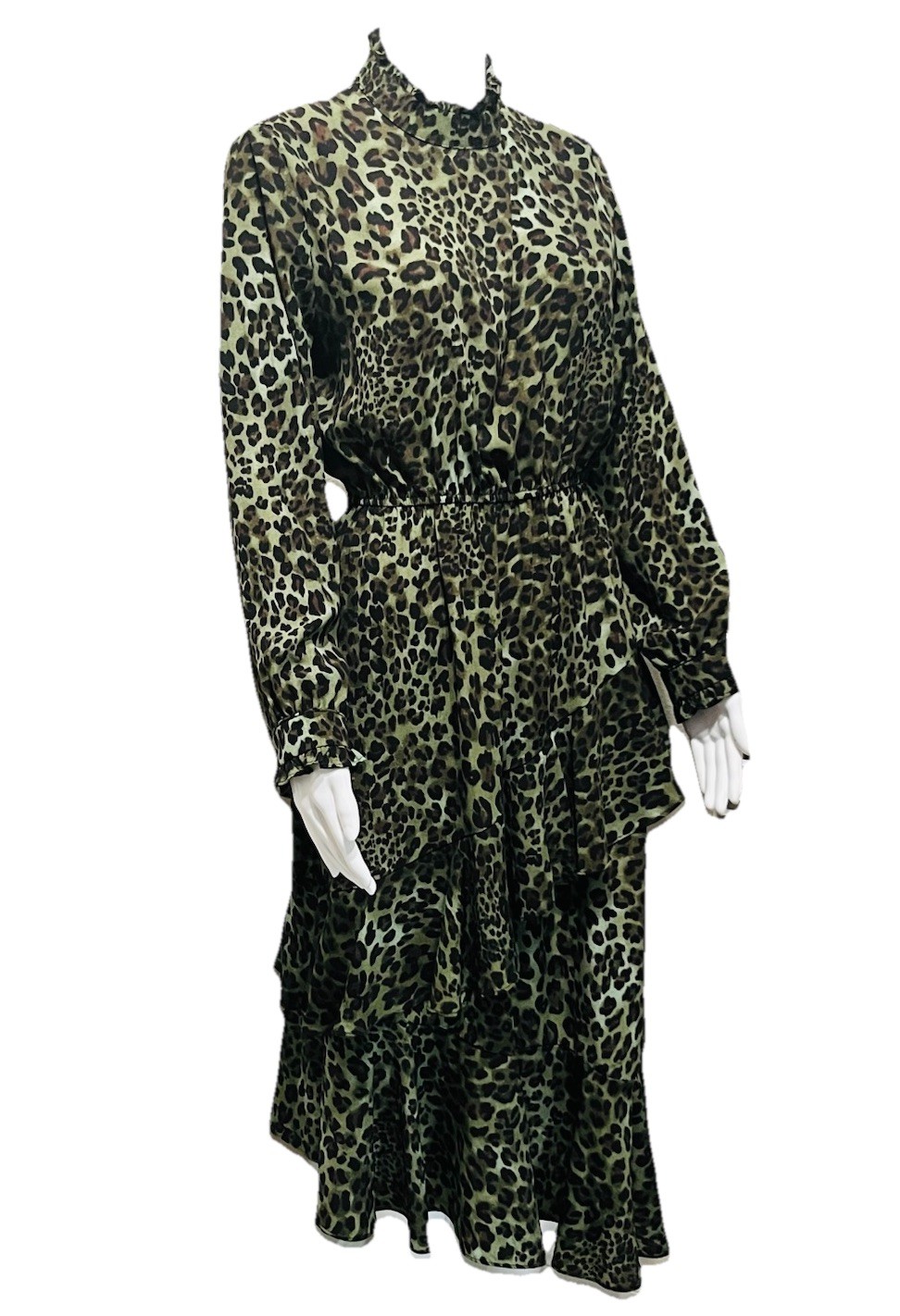 Kate Hewko Size M Green Animal Print Midi Dress Long Sleeve Elastic Waist Boho