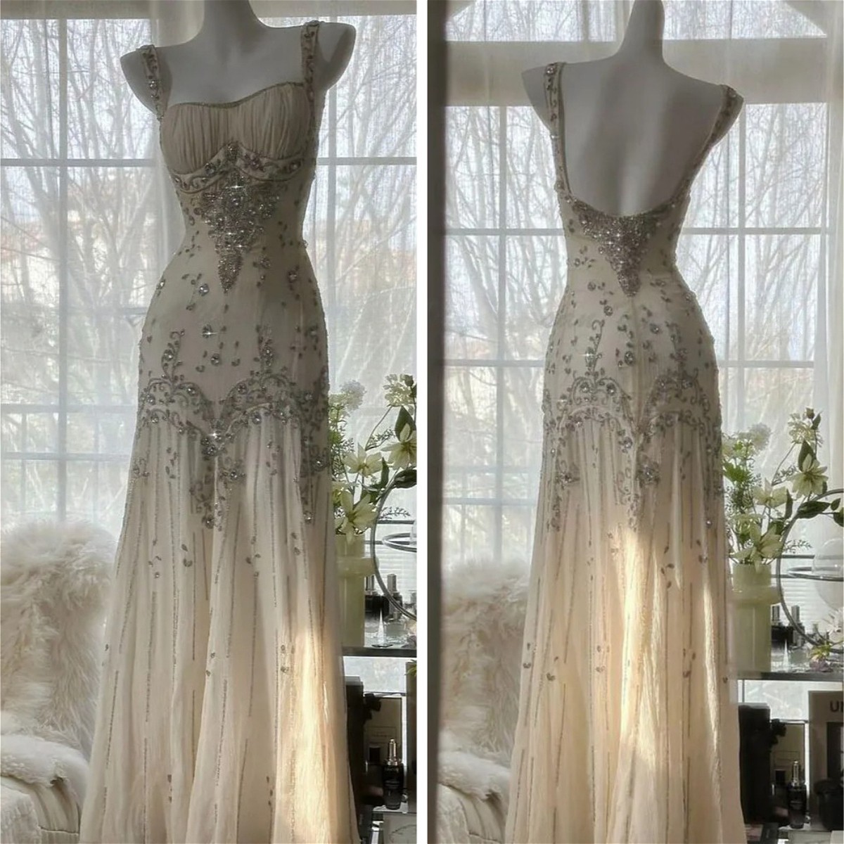 Champagne Beaded Spaghetti Strap Mermaid Evening Gowns Vintage Wedding Dresses