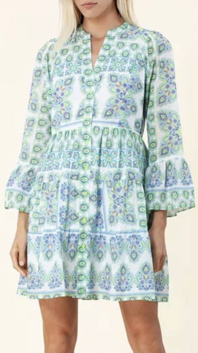 Hale Bob Leela Voile Mini Dress Teal Blue Paisley Tiered Medium