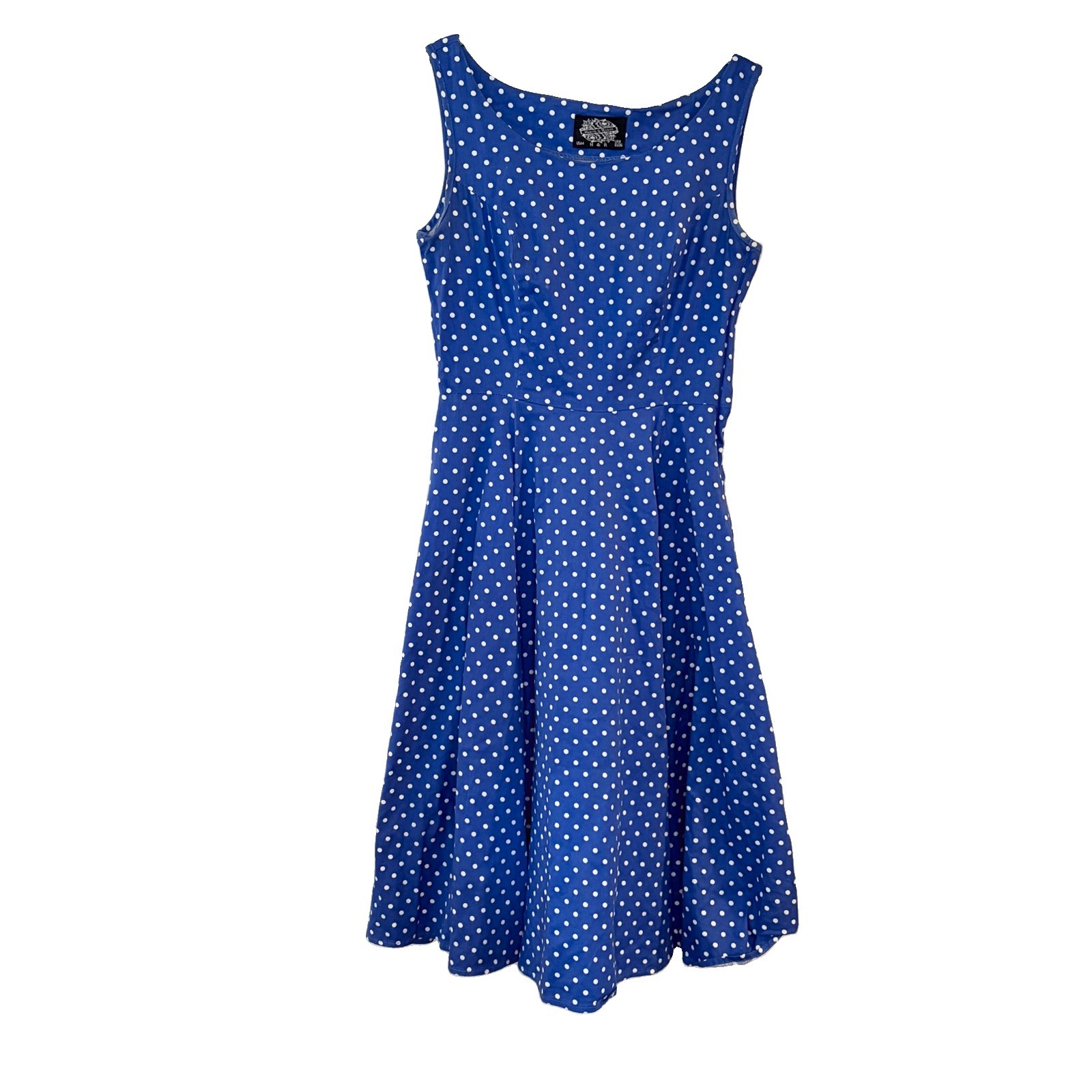 H&R Full Circle 50s Rockabilly Goth Vintage Swing Dress 4 Blue Polka Dot Spotty