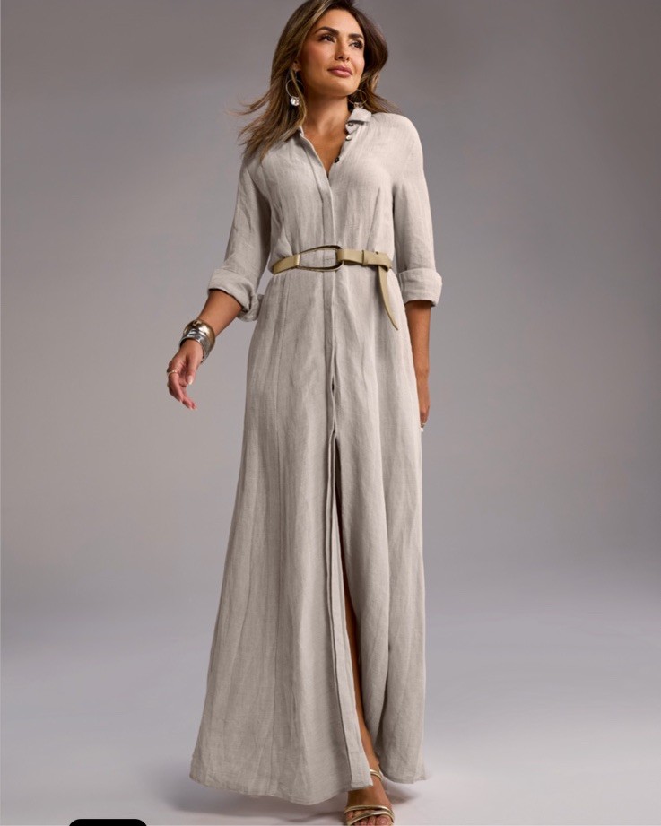 Boston Proper Linen Blend Maxi Shirt Dress Flax Beige 3/4 Sleeve Belted L