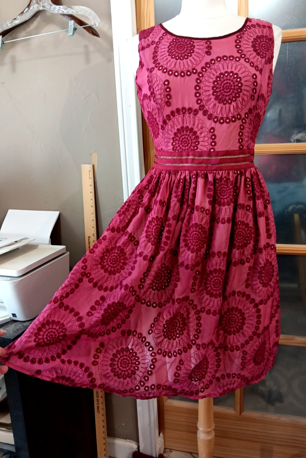 RYU Dress Fit Flare Crochet Cutout Lined Wine Boho Cottage Festival Sz L Knee