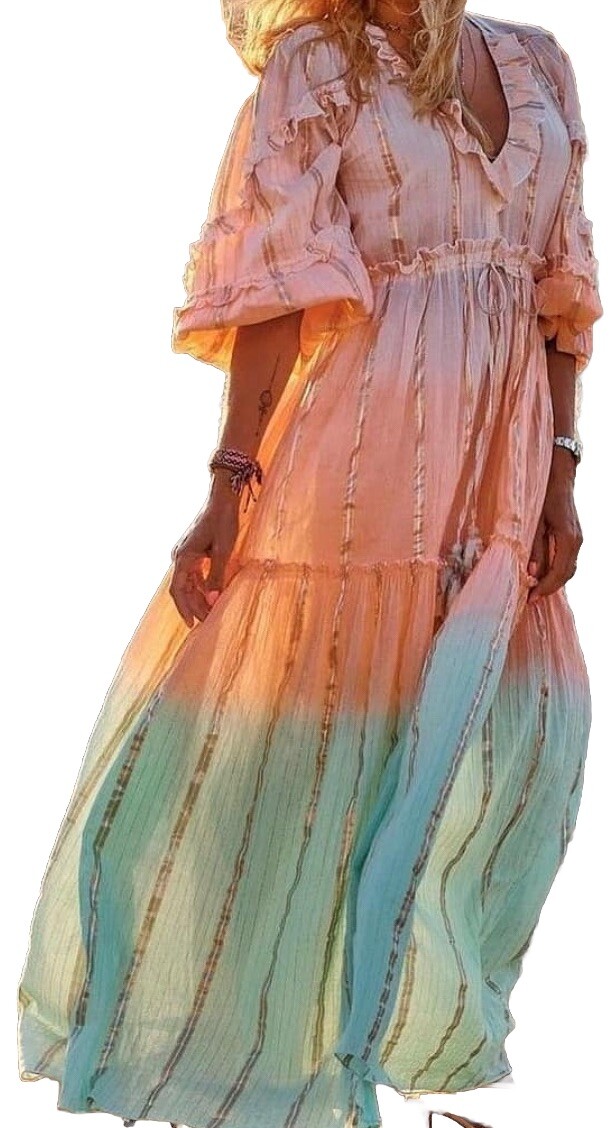 Miss June Paris Cotton Boho Chic Beachy Maxi Ombre Tie Dye Lame O/S NWT