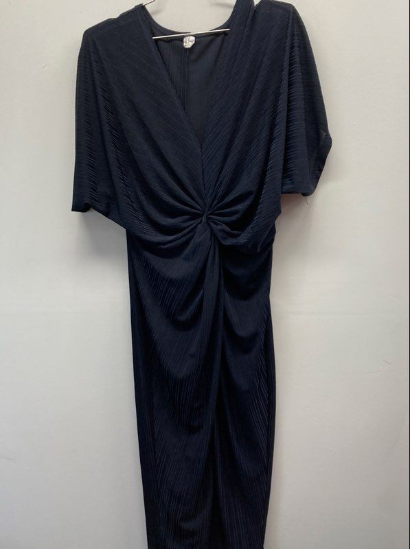 Women’s Navy Blue Pleated Plisse Twist Front V-Neck Short Sleeve Midi Dress Sz M