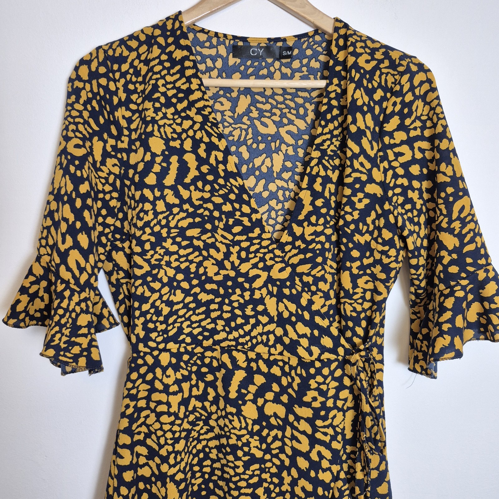 CY S/M Black Yellow Ruffle Frill Wrap Dress 3/4 Sleeve Tea Dress