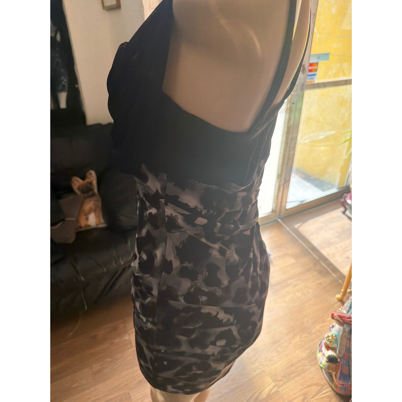Black Ruched Bodycon Mini Dress Grey Animal Print Sleeveless Cocktail Dress