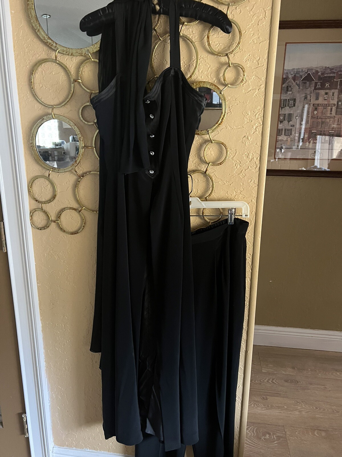 B’ZAR Vtg Blk 3 Piece.MaxiDress W/ High Front Slit/ /Trousers/ Scarf. Sz10.