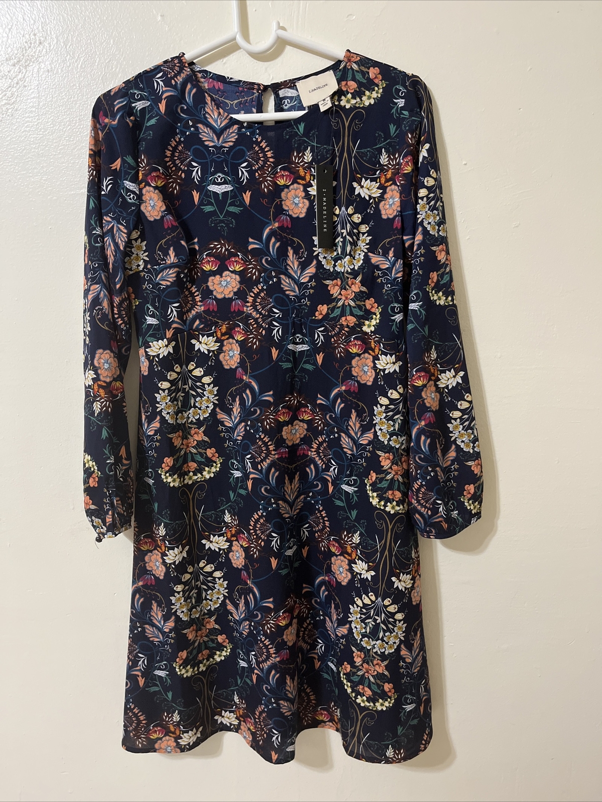 I. Madeline Garden Splendor Navy Blue Floral Print Long Sleeve Midi Dress M NWT