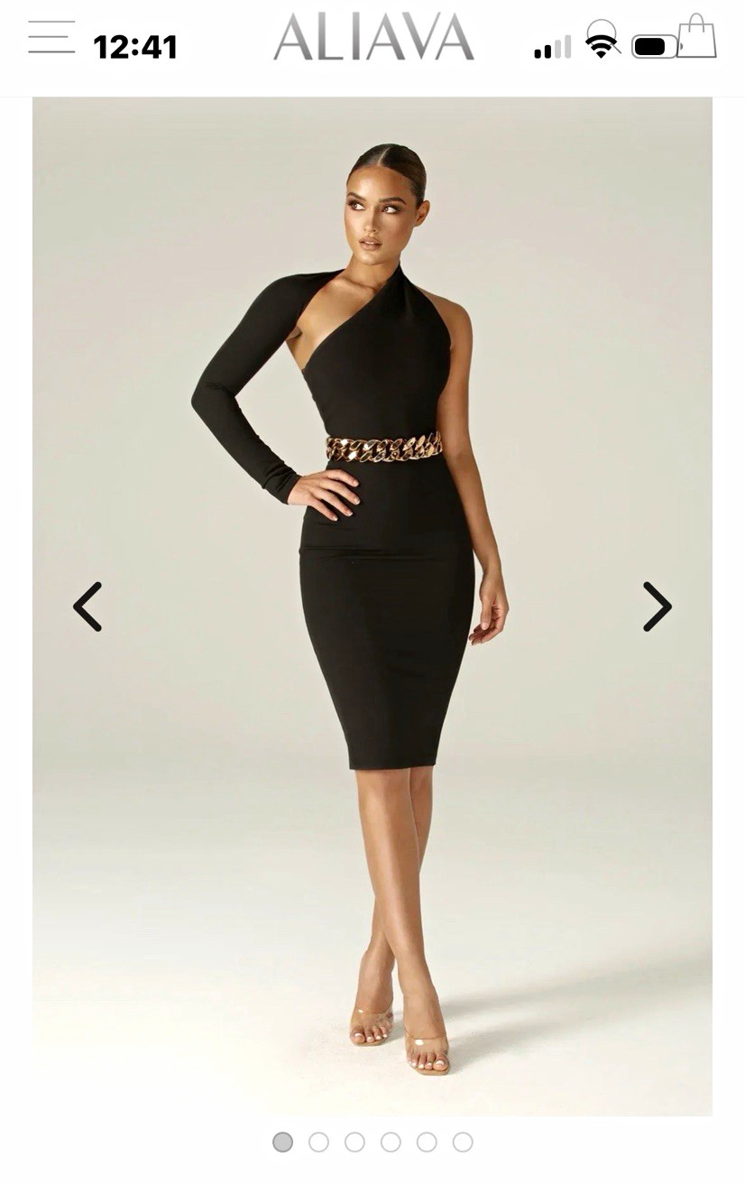 ALIEVA Women’s black bodycon one shoulder dress with gold belt.