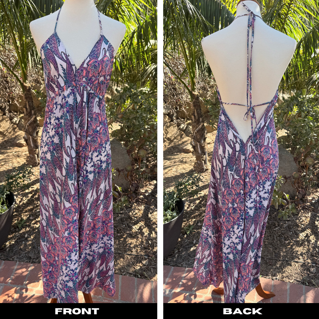 Charlotte Russe Y2K Boho Paisley Halter Maxi Dress Size L Satin V-Neck Open Back