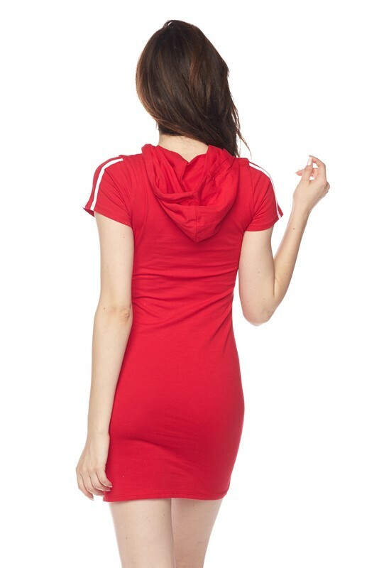 Casual Soft Cotton Stretch Drawstring Hooded Short Sleeve Bodycon Mini Dress