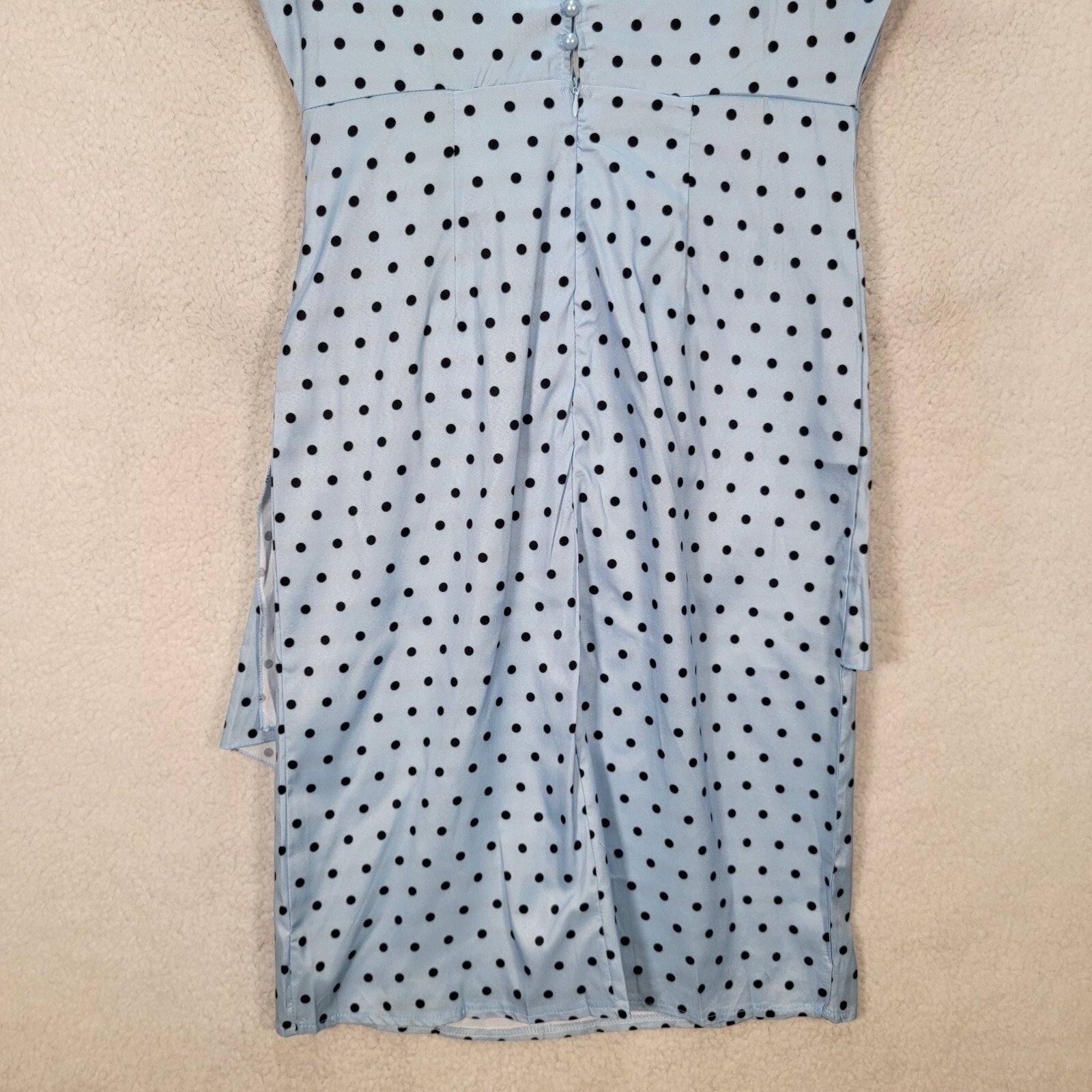Sky Blue Polka Dot Stretch Pleated Mock Wrap Sheath Elegant Women Dress Size S