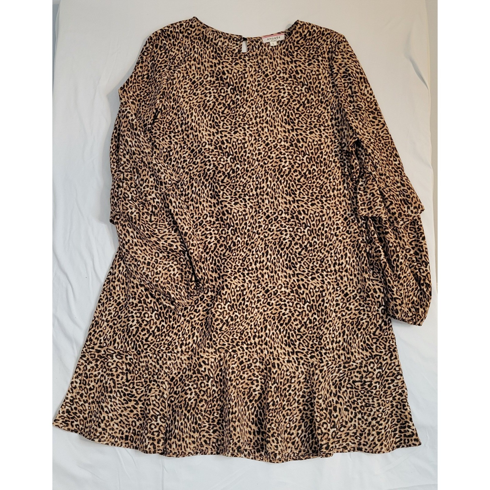 Leopard Animal Print Dress Womens Large Brown Ruffle Tiered Sleeve 90s Mob Wife