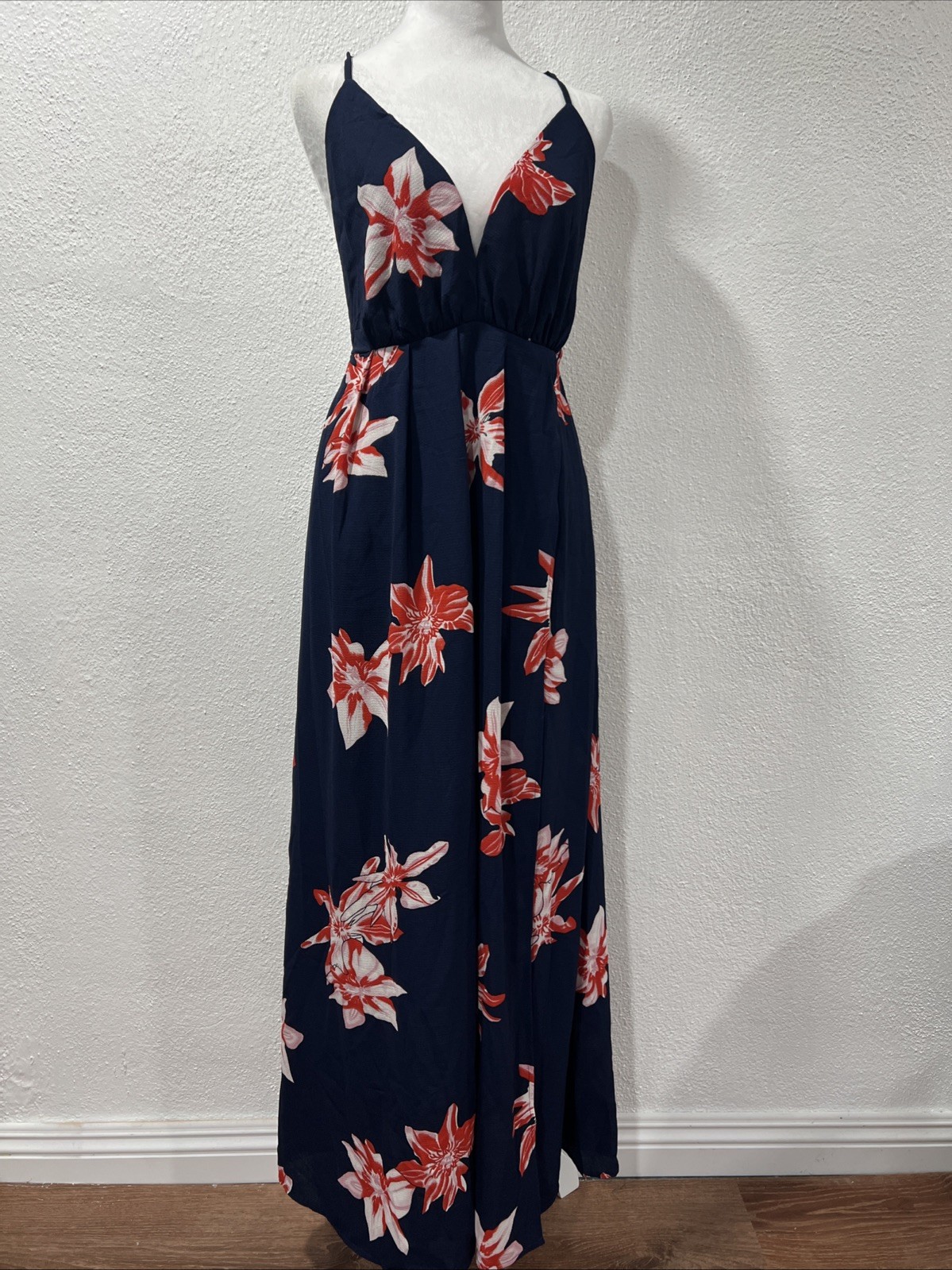 Simplee Floral Maxi Dress Large Navy Orange V-Neck Halter Mock Wrap High Slit