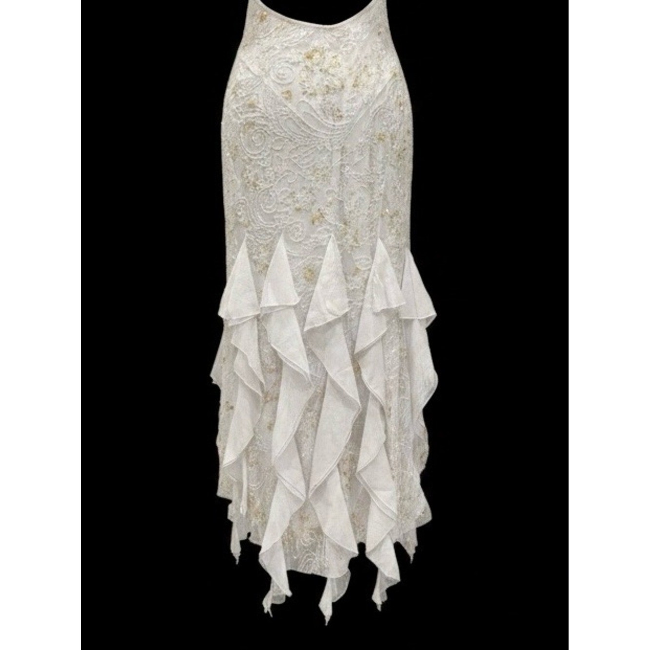 White hand Beaded Ruffle Backless Evening Dress. Power mesh stretch fabric.